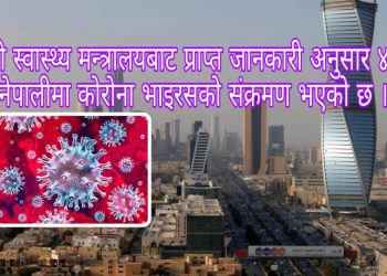 साउदी स्वास्थ्य मन्त्रालयबाट प्राप्त जानकारी अनुसार ४ जना नेपालीमा कोरोना भाइरसको संक्रमण भएको छ ।