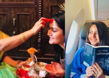 दशैंको टिका थापेर नायिका बर्षा सिवकोटी अमेरिका तिर